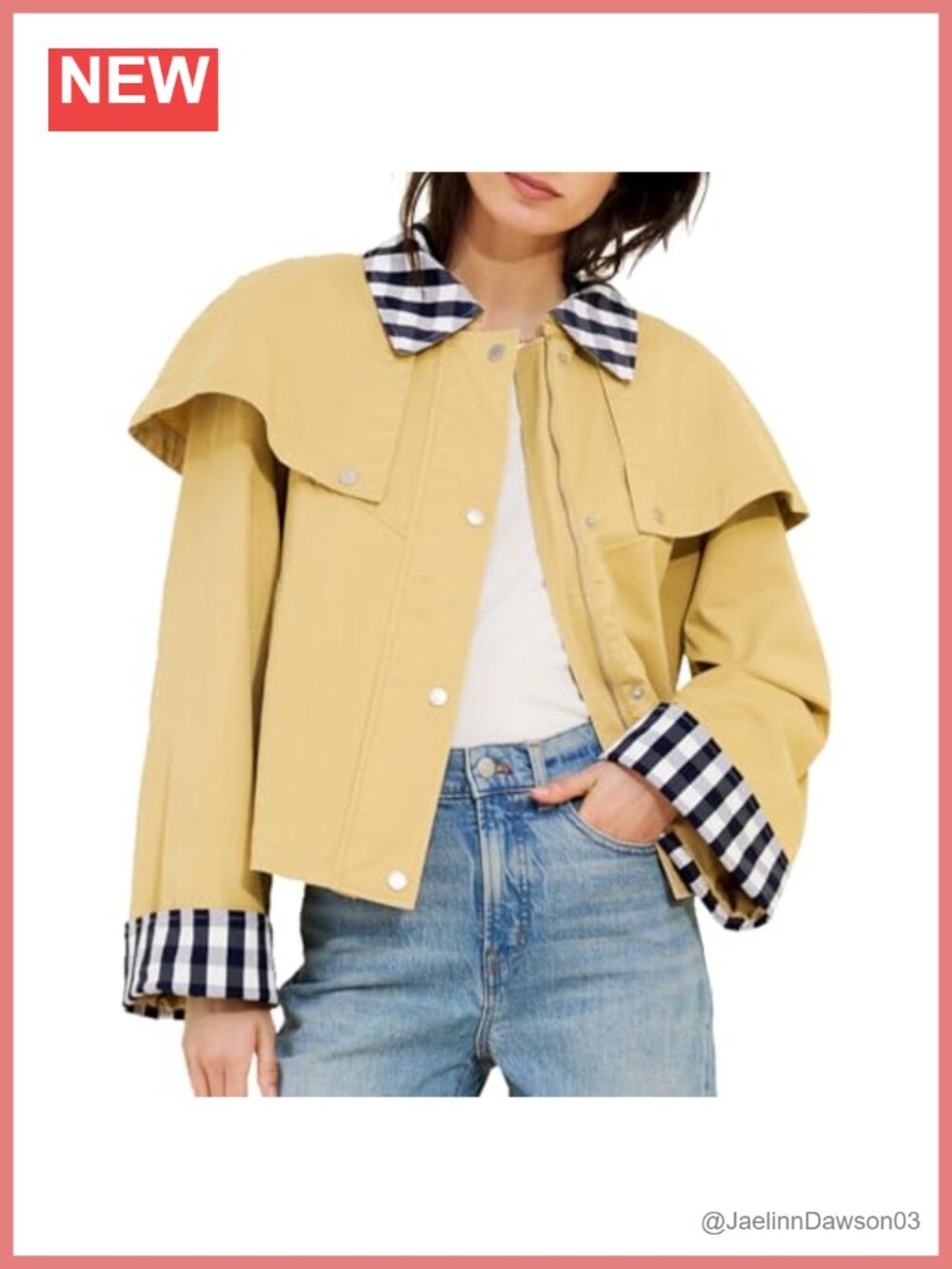 Womens 100% Cotton Cropped Trench Coat Gingham Trim Cape Jacket Snap Button